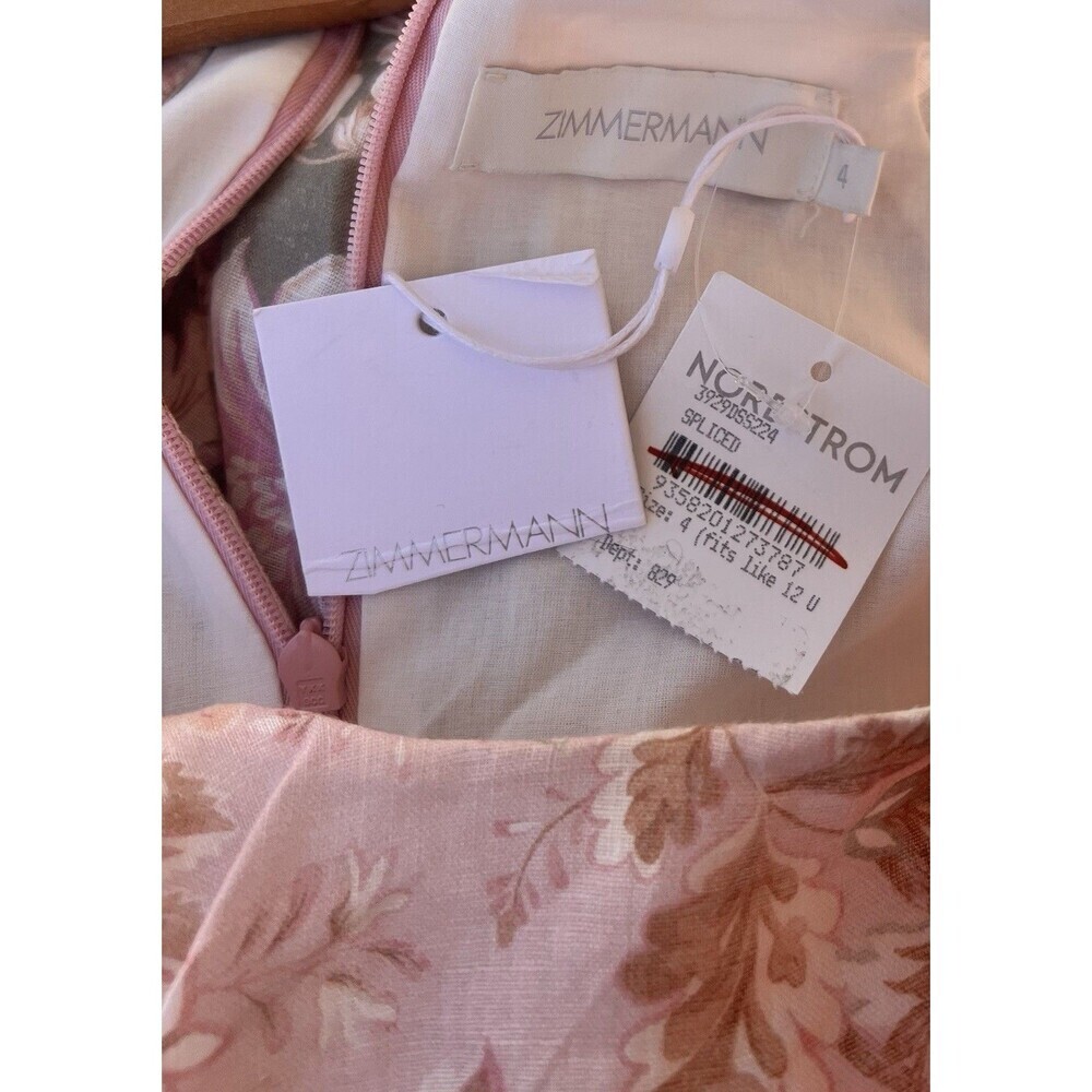 Zimmermann Lyre Wrap Billow Mini Dress Women’s Size 4 US 12 Light Pink Linen - Picture 15 of 16